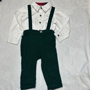NWOT Bums & Roses green bamboo/linen mix suspender & collared onesie 18/24mo